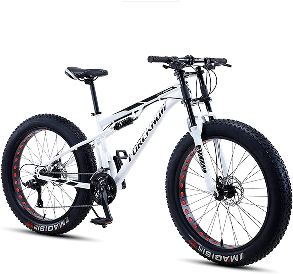 NENAGFat Tire Mountain Bike 26 Inch for Men and Women, 27 Speed Dual-Suspension Adult Mountain Trail Bikes with 4 Inch Knobby Tire, All Terrain Bicycle with Adjustable Seat &amp; Dual Disc Brake,White