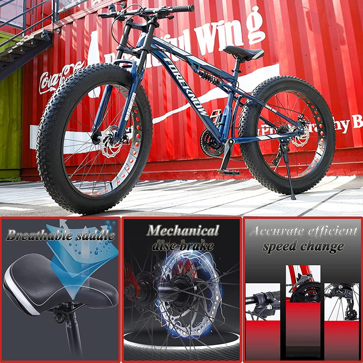 NENAGFat Tire Mountain Bike 26 Inch for Men and Women, 27 Speed Dual-Suspension Adult Mountain Trail Bikes with 4 Inch Knobby Tire, All Terrain Bicycle with Adjustable Seat &amp; Dual Disc Brake,White