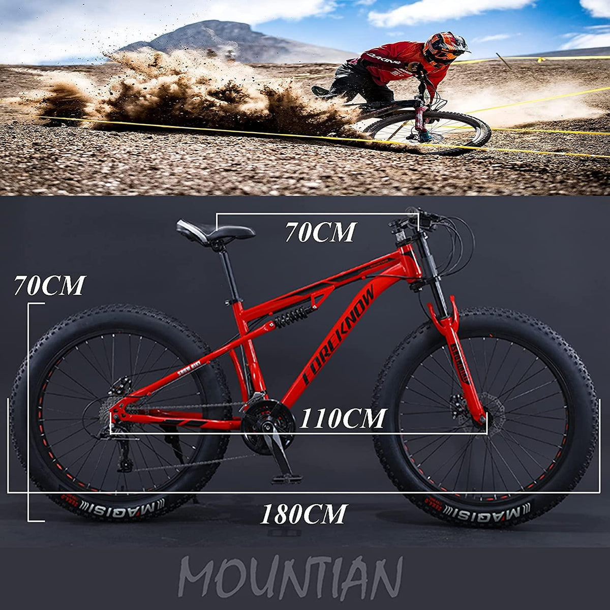 NENAGFat Tire Mountain Bike 26 Inch for Men and Women, 27 Speed Dual-Suspension Adult Mountain Trail Bikes with 4 Inch Knobby Tire, All Terrain Bicycle with Adjustable Seat &amp; Dual Disc Brake,White