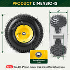 2PK 15x6.00-6nhs Lawn Mower Tires, Pneumatic Front Tire and Wheel Assemblies, 3" Centered Hub and 3/4" Bushings, 550lbs Load Capacity (Yellow)