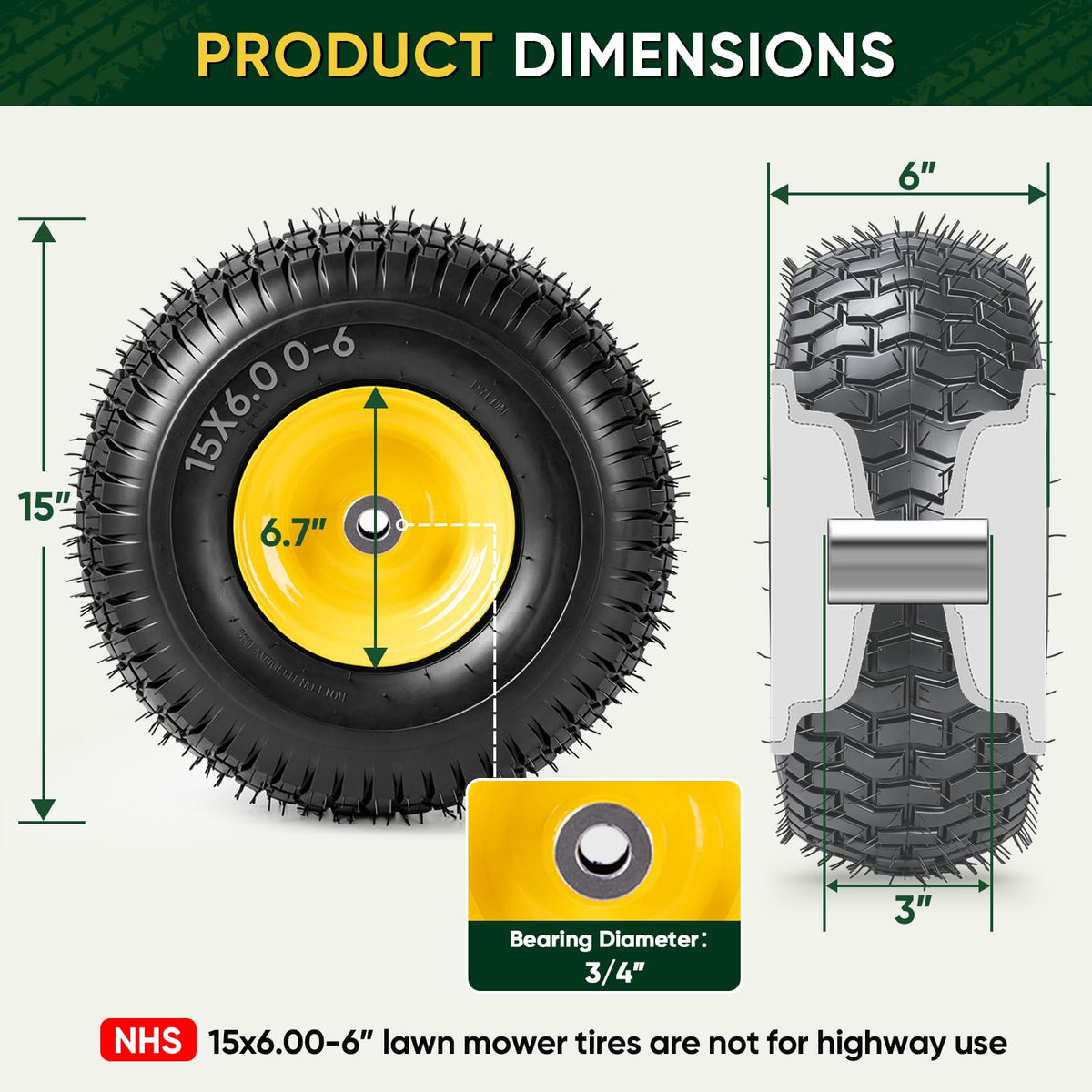 2PK 15x6.00-6nhs Lawn Mower Tires, Pneumatic Front Tire and Wheel Assemblies, 3" Centered Hub and 3/4" Bushings, 550lbs Load Capacity (Yellow)
