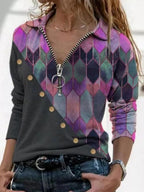 Turn Down Collar Zip-up Print Patchwork Long Sleeve Blouses