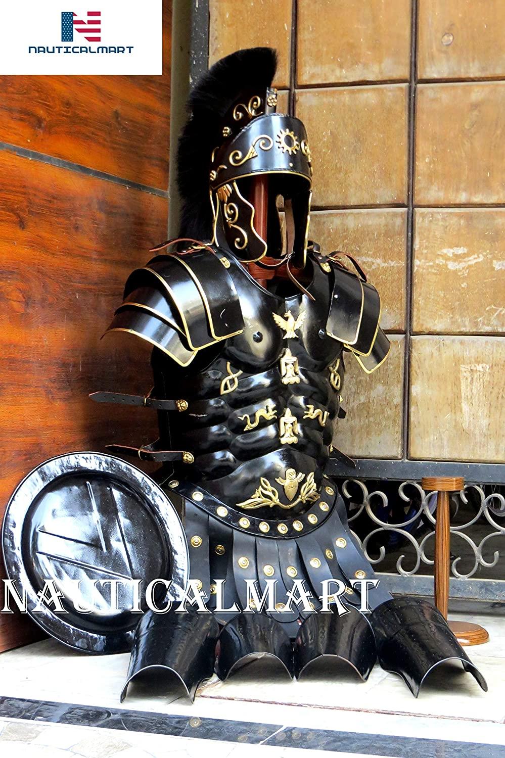 NauticalMart Roman Black Muscle Armor Cuirass Set w/Helmet, Shield, Leg &amp; Arm Guard Medieval Halloween Costume