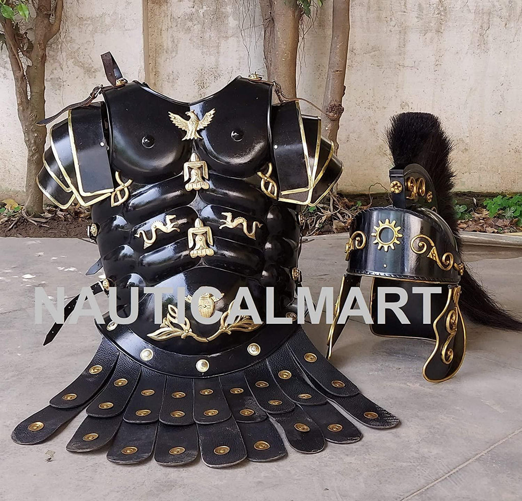 NauticalMart Roman Black Muscle Armor Cuirass Set w/Helmet, Shield, Leg &amp; Arm Guard Medieval Halloween Costume