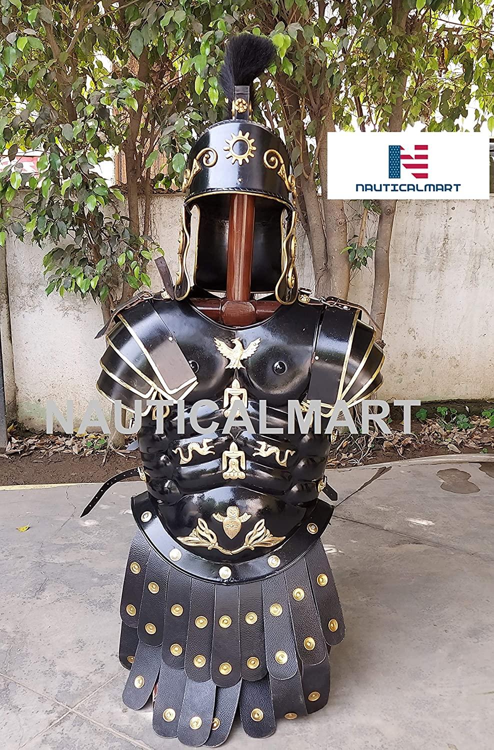 NauticalMart Roman Black Muscle Armor Cuirass Set w/Helmet, Shield, Leg &amp; Arm Guard Medieval Halloween Costume