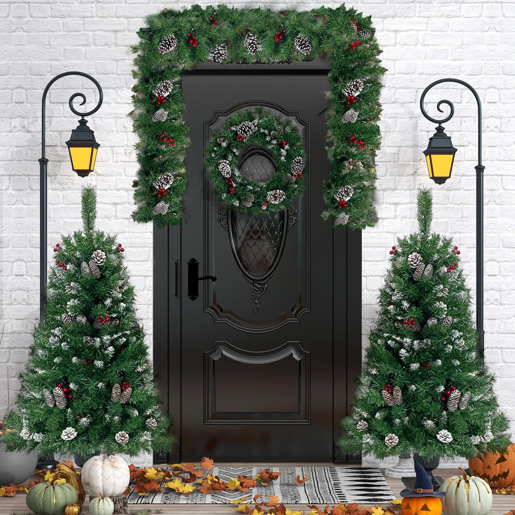 Pre-lit Artificial Christmas 4-Piece Set,Garland, Wreath and Set of 2 Entrance Trees