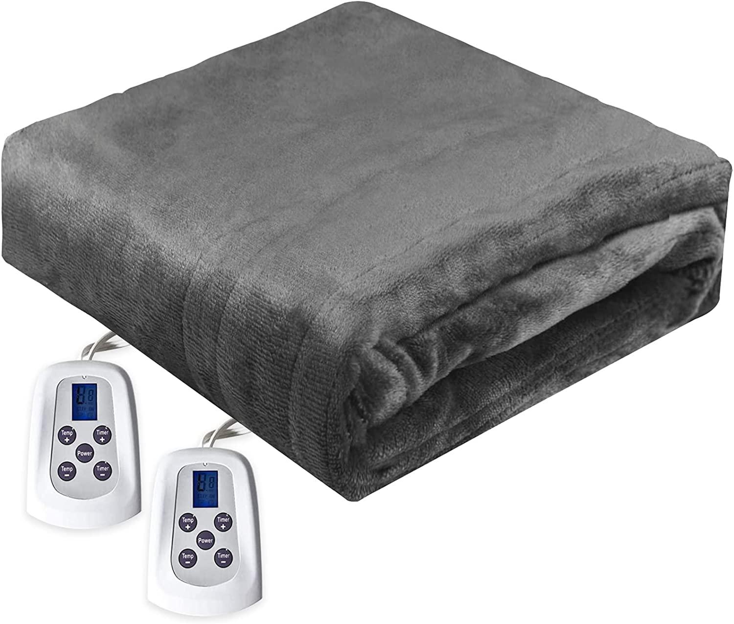 Size Heated Blanket (90" x 100") with 220g Double-Layer Soft Flannel, Dual Control Electric Heated Blankets for 89°F-108°F 10 Heating Levels, Grey Electric Blankets