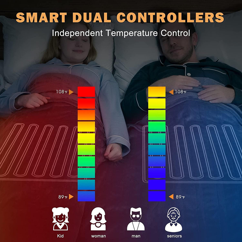 Size Heated Blanket (90" x 100") with 220g Double-Layer Soft Flannel, Dual Control Electric Heated Blankets for 89°F-108°F 10 Heating Levels, Grey Electric Blankets
