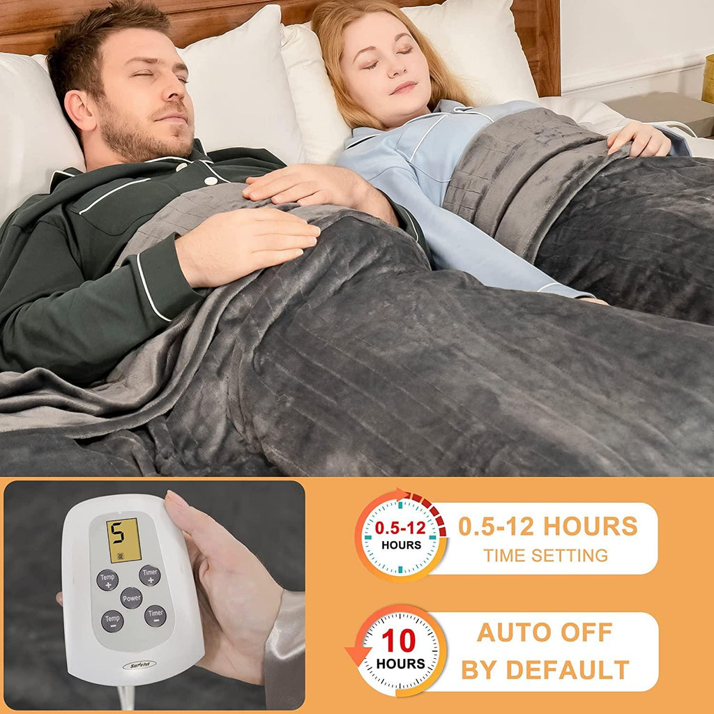 Size Heated Blanket (90" x 100") with 220g Double-Layer Soft Flannel, Dual Control Electric Heated Blankets for 89°F-108°F 10 Heating Levels, Grey Electric Blankets