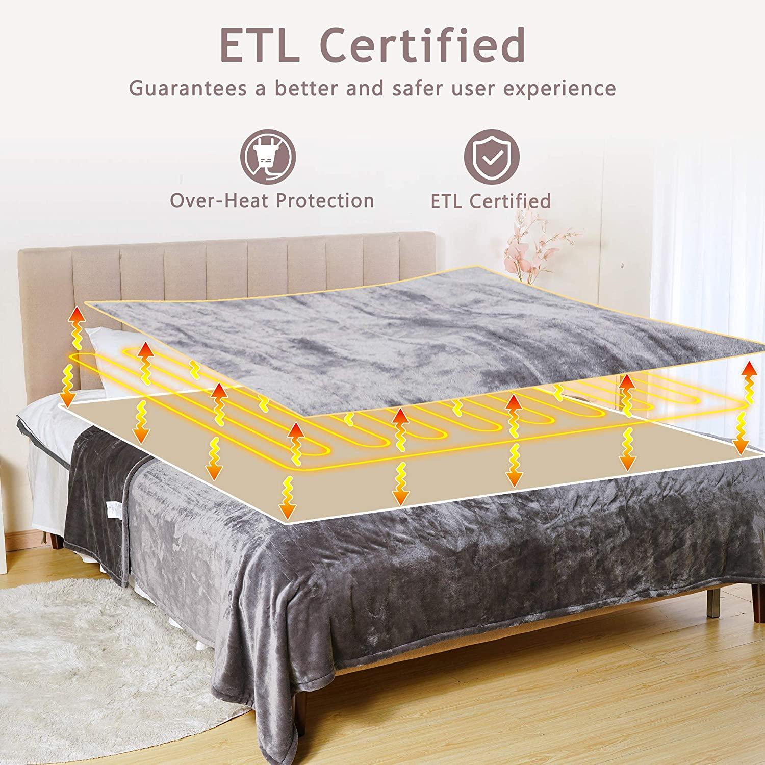 Size Heated Blanket (90" x 100") with 220g Double-Layer Soft Flannel, Dual Control Electric Heated Blankets for 89°F-108°F 10 Heating Levels, Grey Electric Blankets