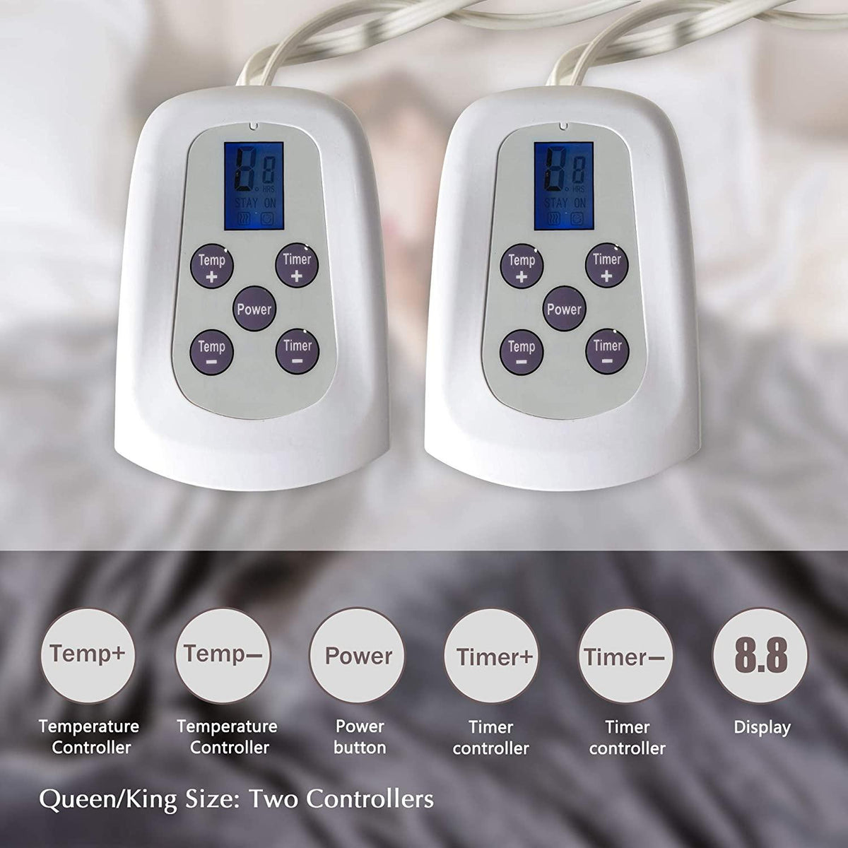 Size Heated Blanket (90" x 100") with 220g Double-Layer Soft Flannel, Dual Control Electric Heated Blankets for 89°F-108°F 10 Heating Levels, Grey Electric Blankets