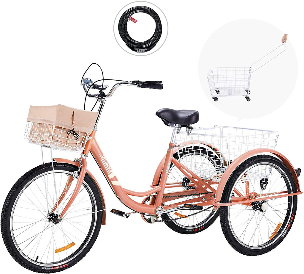 Viribus Adult Three Wheel Tricycle Single Speed Hybrid Cargo Cruiser Trike Bike with Removable Wheeled Basket Bell for Shopping or Dogs Dustproof Bag Exercise Bicycle (Pink/26)