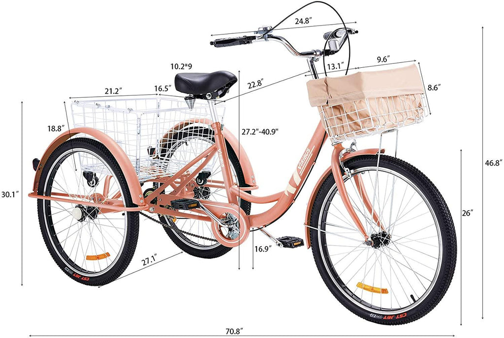 Viribus Adult Three Wheel Tricycle Single Speed Hybrid Cargo Cruiser Trike Bike with Removable Wheeled Basket Bell for Shopping or Dogs Dustproof Bag Exercise Bicycle (Pink/26)