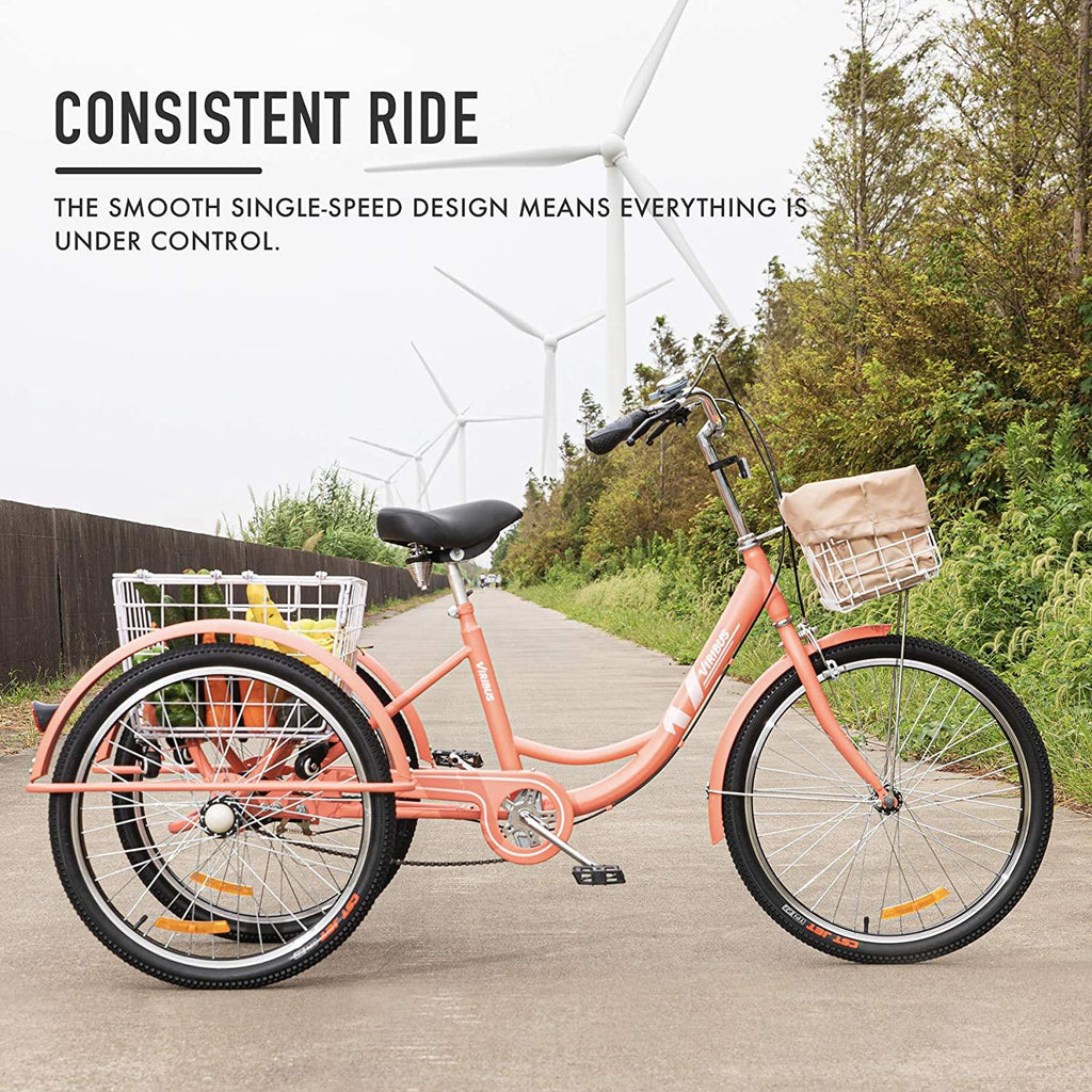Viribus Adult Three Wheel Tricycle Single Speed Hybrid Cargo Cruiser Trike Bike with Removable Wheeled Basket Bell for Shopping or Dogs Dustproof Bag Exercise Bicycle (Pink/26)