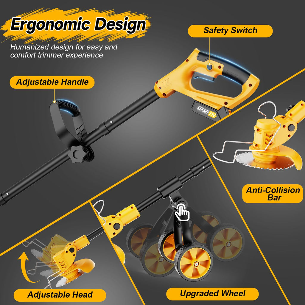 Electric Weed Wacker Cordless Weed Eater Battery Powered 21V, 4-in-1 Brush Cutter/String Trimmer/Grass Trimmer/Lawn Mower, 6 inch Lightweight Edger Stringless Weed Trimmer with Wheel &amp; Blade,2 Battery