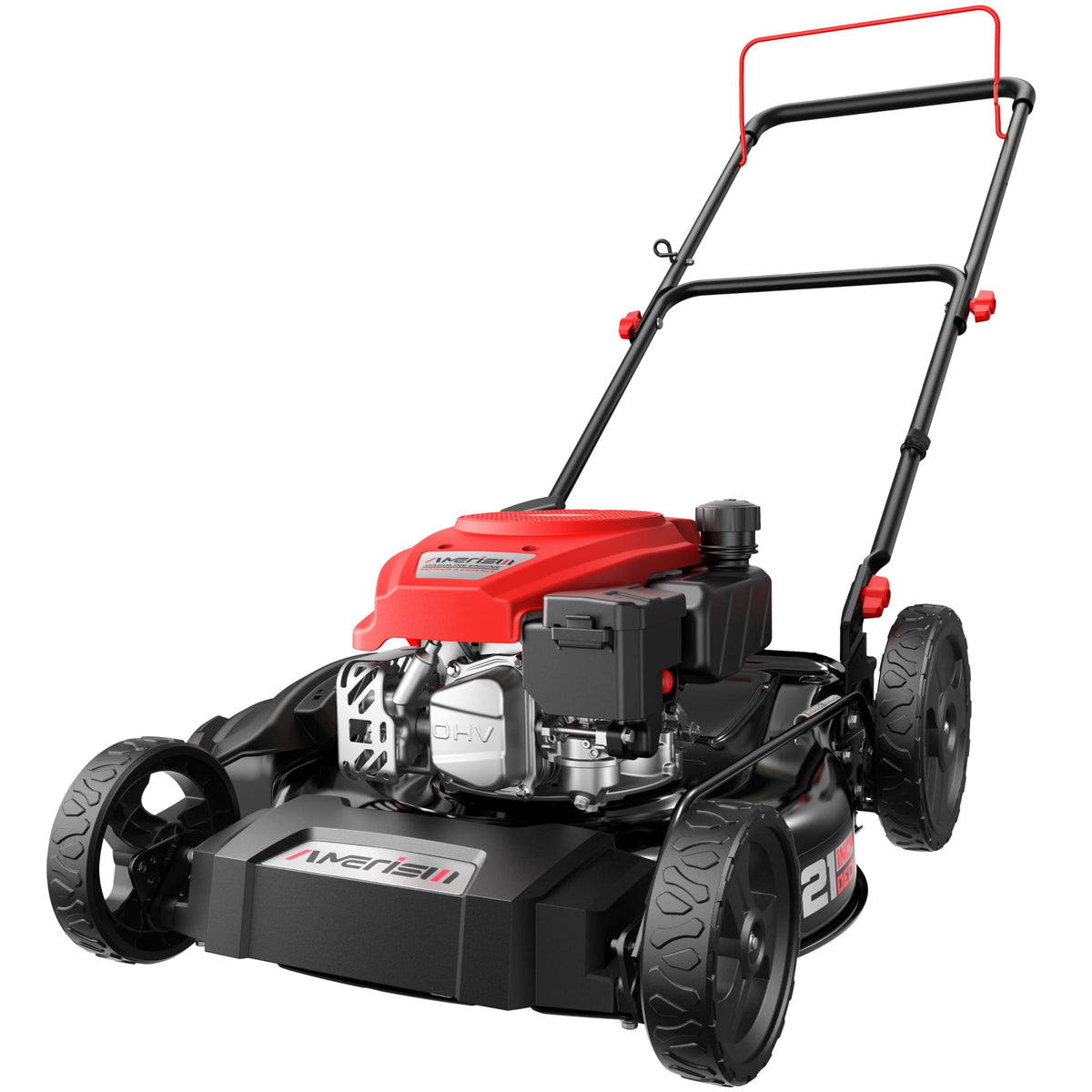 21-Inch Gas Lawn Mower, 144cc 4-Stroke OHV Engine, 2-in-1 Push Lawn Mower with Mulching &amp; Side Discharge, 6-Position Height Adjustment, 7-Inch Front/10-Inch Rear Wheels