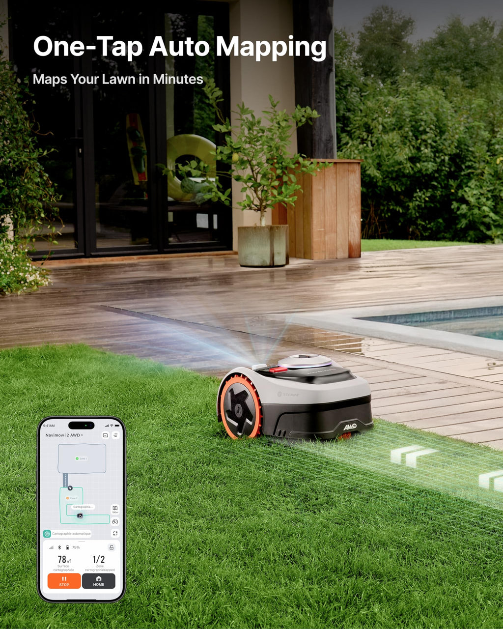 Segway  i206 AWD Robot Lawn Mower, Wire-Robotic Mower, All-Wheel Drive for 45% Slopes, 2–3.6 in Adjustable Cutting Height, NRTK + Vision, Auto Mapping, 2.55Ah Battery, Covers 0.15 Acre