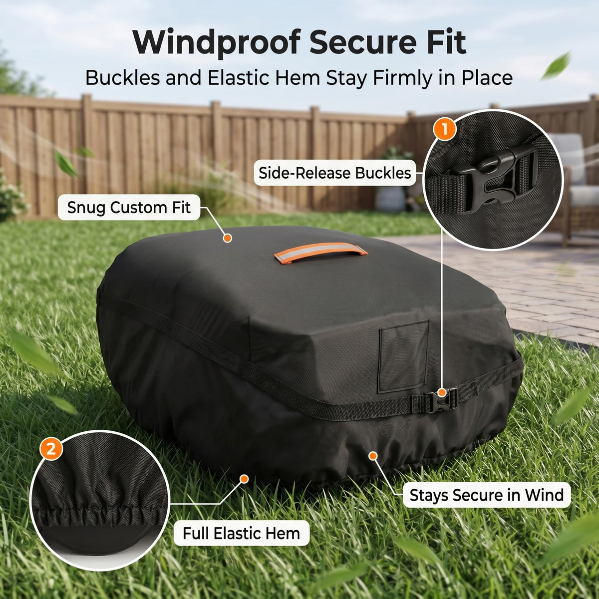 Robot Lawn Mower Cover Waterproof, 420D Outdoor Robotic Mower Cover, Black | 420D waterproof fabric, backyard robotic mower storafor rain snow dust sun, webbing strap,  buckle, elastic hem, vent