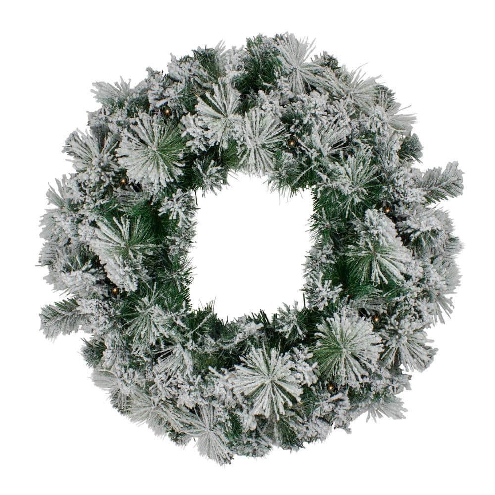 36 in. Pre-Lit Flocked Somerset Spruce Artificial Christmas Wreath - Clear Lights
