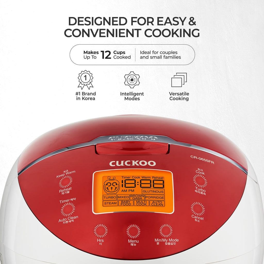 Micom Rice Cooker 6 Cup Uncooked / 12 Cup Cooked, Fuzzy Logic Rice Maker with Delay Timer & Keep Warm Setting, Versatile Food Steamer for Cooking, Non-Stick Inner Pot, Red (CR-0655F)