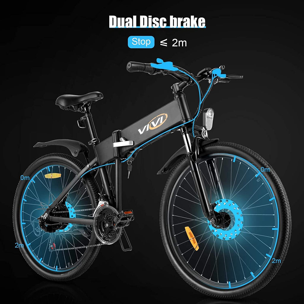 VIVI S3 Electric Bike Electric Mountain Bike, 26'' Folding Electric Bicycle for Adults, 20Mph with 36V 10.4Ah Lithium-Ion Battery, 350W Motor and Shinmano Professional 21 Speed Gears, Black