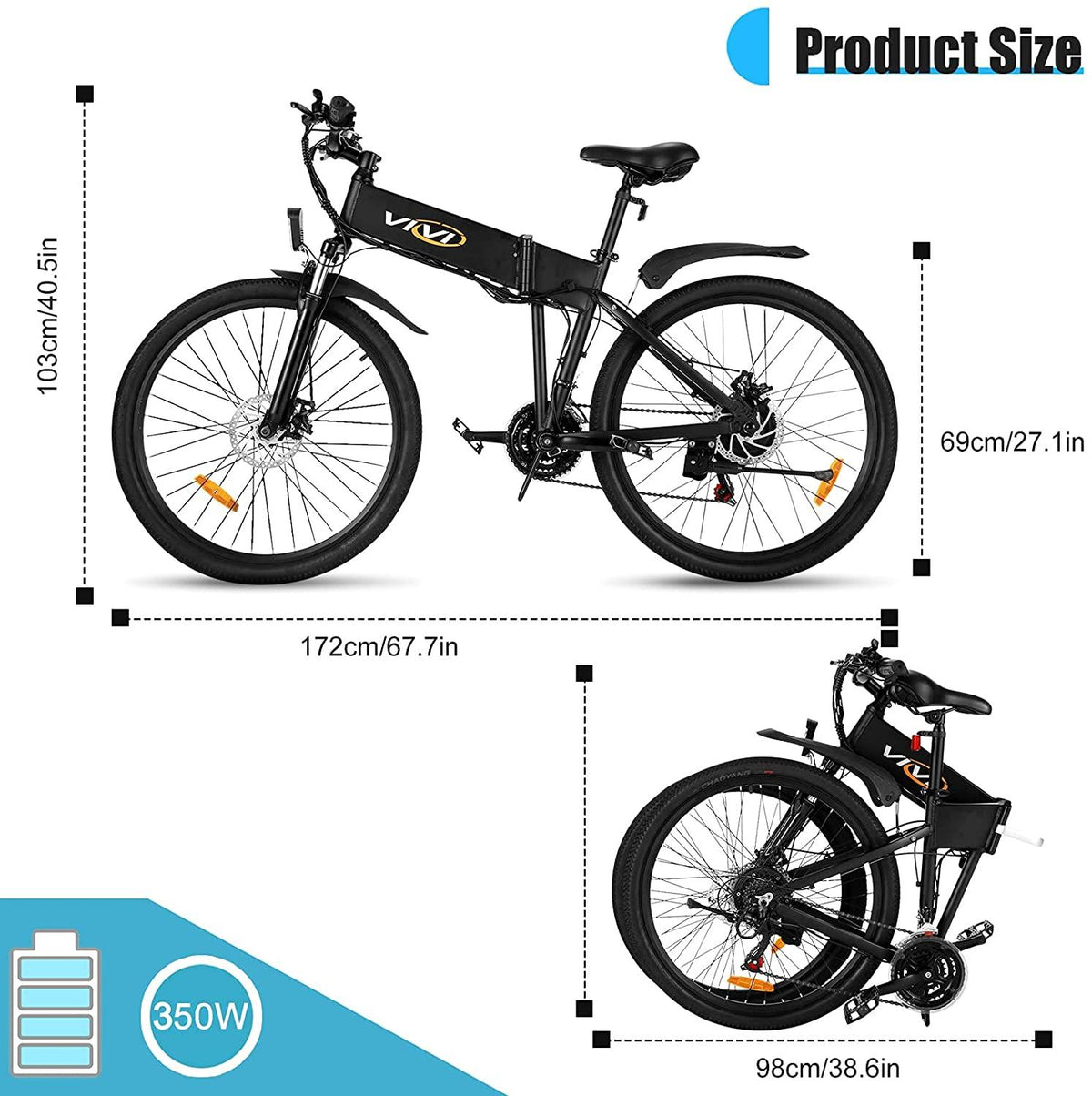 VIVI S3 Electric Bike Electric Mountain Bike, 26'' Folding Electric Bicycle for Adults, 20Mph with 36V 10.4Ah Lithium-Ion Battery, 350W Motor and Shinmano Professional 21 Speed Gears, Black