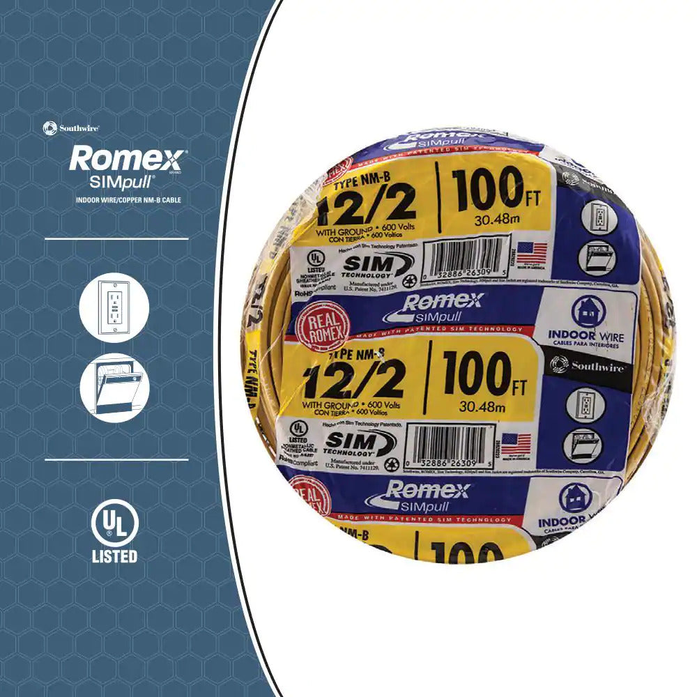 romex simpull 250′ 12-2 non-metallic cable electrical wire nm-b copper