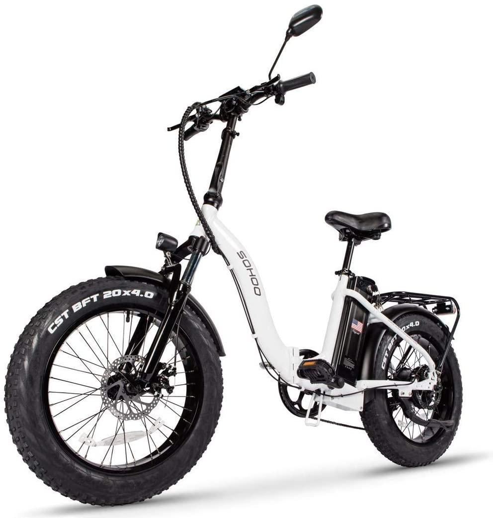 SOHOO 48V500W13AH 20"x4.0 Adult Folding Fat Tire E-Bike Mountain Electric Bicycle Beach Cruiser Snow Bike (White)