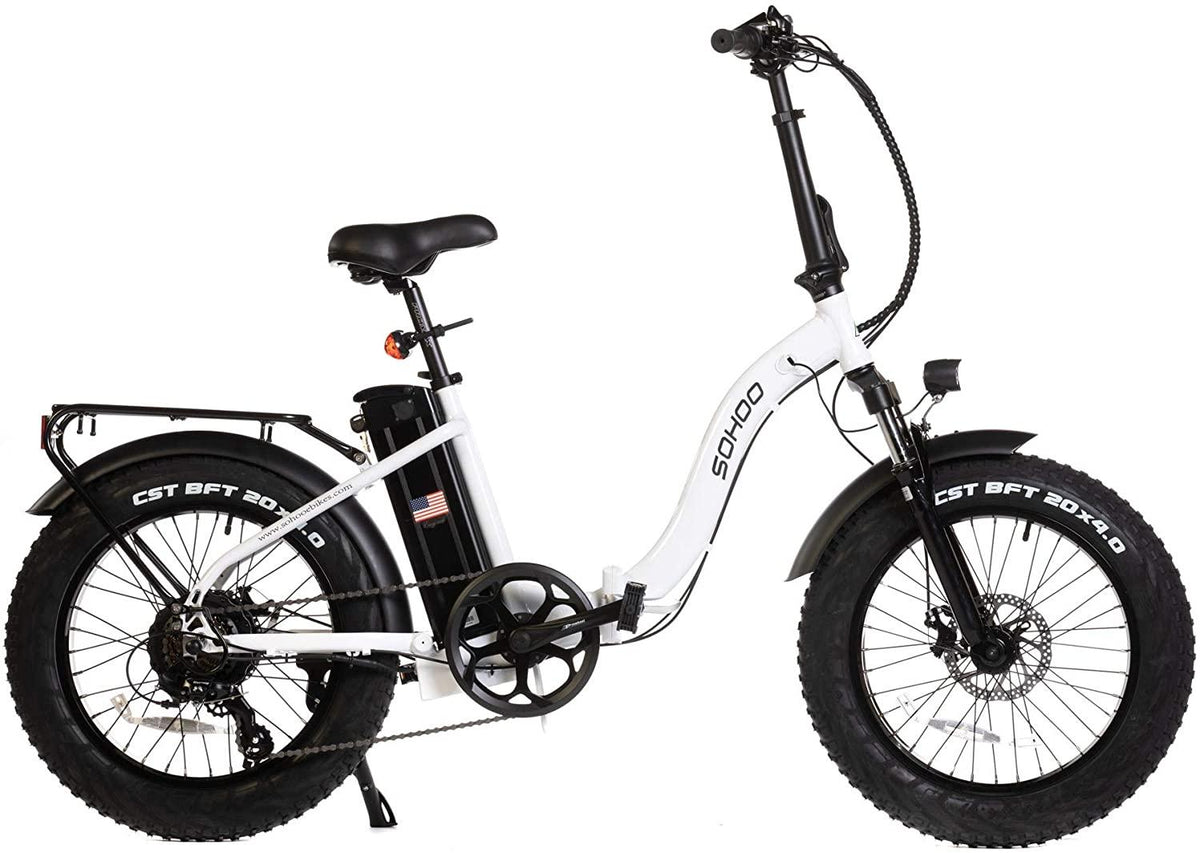 SOHOO 48V500W13AH 20"x4.0 Adult Folding Fat Tire E-Bike Mountain Electric Bicycle Beach Cruiser Snow Bike (White)