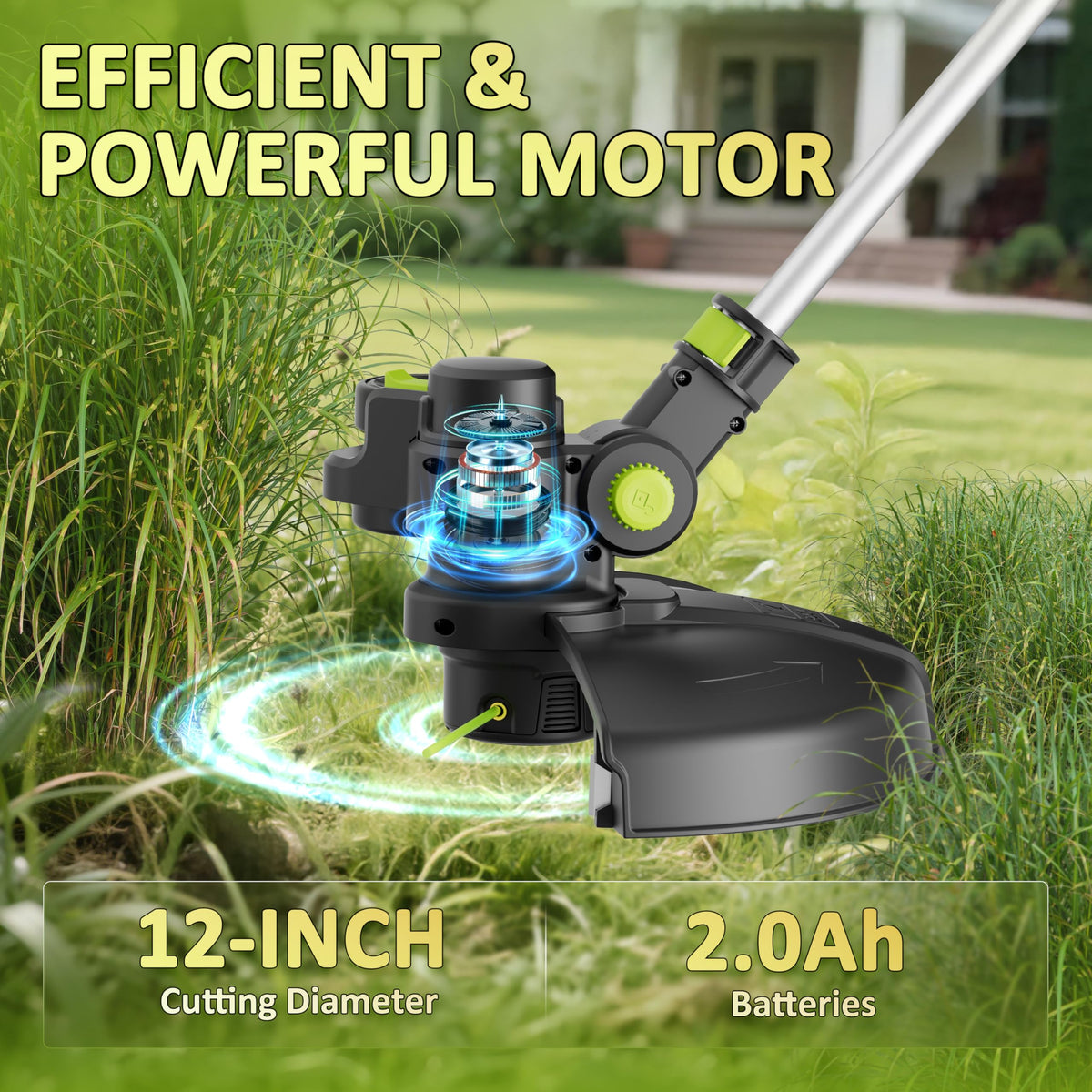 20V Cordless String Trimmer, 2.0Ah Battery Powered with Fast Charger, 12'' Grass Cutter with Auto Line Feed, 3-in-1 Electric Lawn Mower Grass Trimmer &amp; Edger Lawn Tool with 8 Lines for Yard, Garden