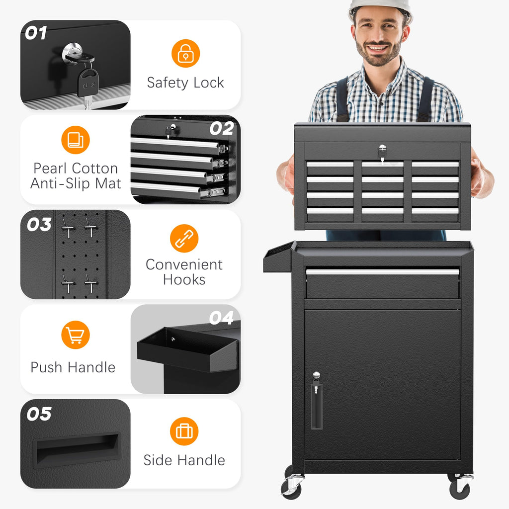 Rolling Tool Chest with Wheels and 5 Drawers, Detachable Tool Cabinet with Lock for Garage, LocMechanic Tool Cart with Black Liner for Warehouse, Workshop, High Capacity