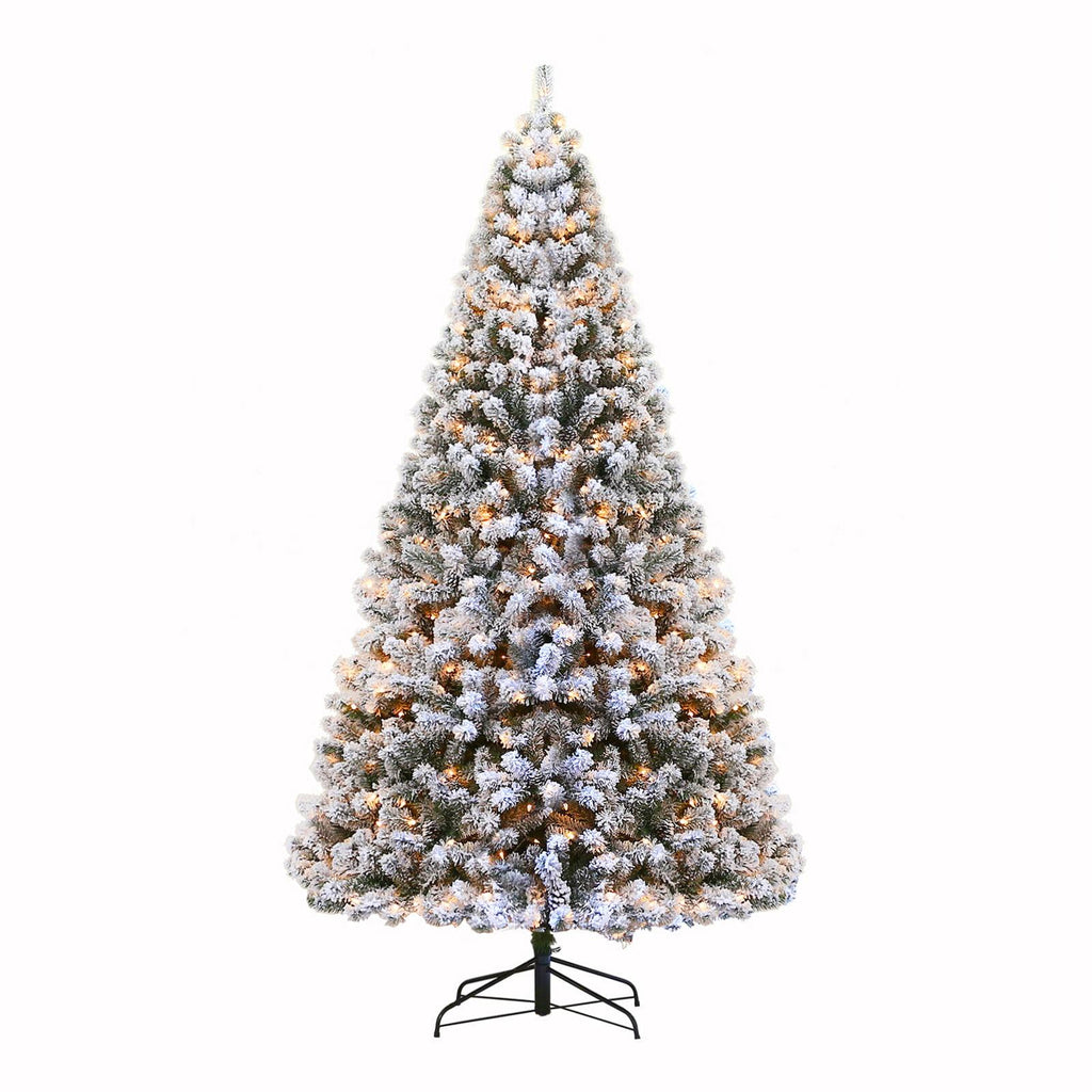 Hykolity 7.5ft Pre-Lit Snow Flocked Branches Artificial Christmas Tree With Pine Cones,1400 Tips,500 Incandescent/Warm White Lights,Foldable Metal Base