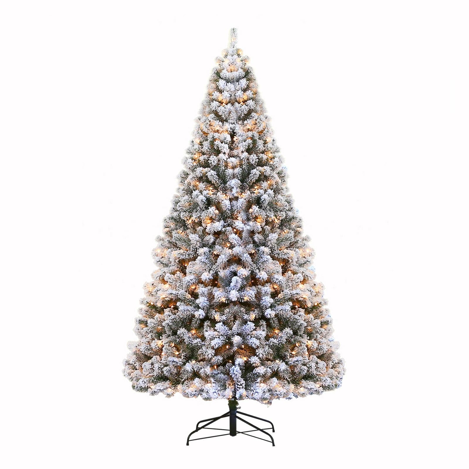 Hykolity 7.5ft Pre-Lit Snow Flocked Branches Artificial Christmas Tree With Pine Cones,1400 Tips,500 Incandescent/Warm White Lights,Foldable Metal Base