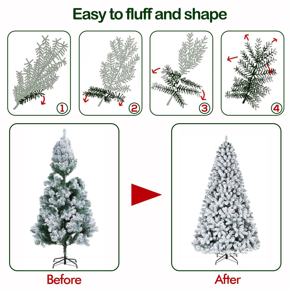 Hykolity 7.5ft Pre-Lit Snow Flocked Branches Artificial Christmas Tree With Pine Cones,1400 Tips,500 Incandescent/Warm White Lights,Foldable Metal Base