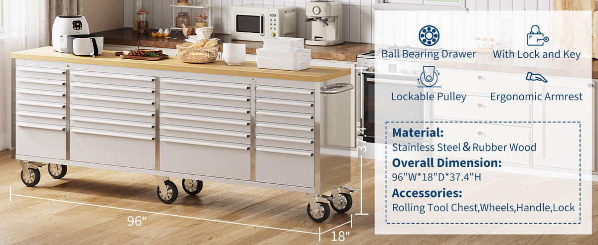 96 inch Tool Chest, Tool Box Mobile 24 Drawers StoraRolling Cabinet with Wheels Lock Key LocSystem Drawer Liners for GaraWarehouse Repair Shop