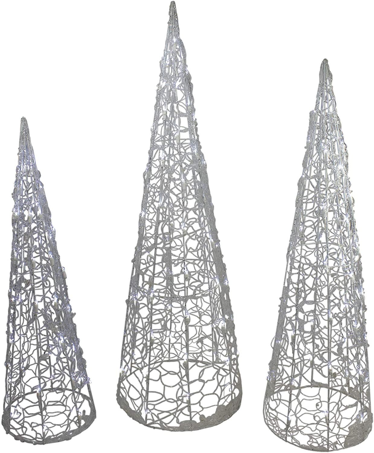 Hofert Set of 3 White LED Lighted Outdoor Christmas Cone Tree Yard Decors 4'