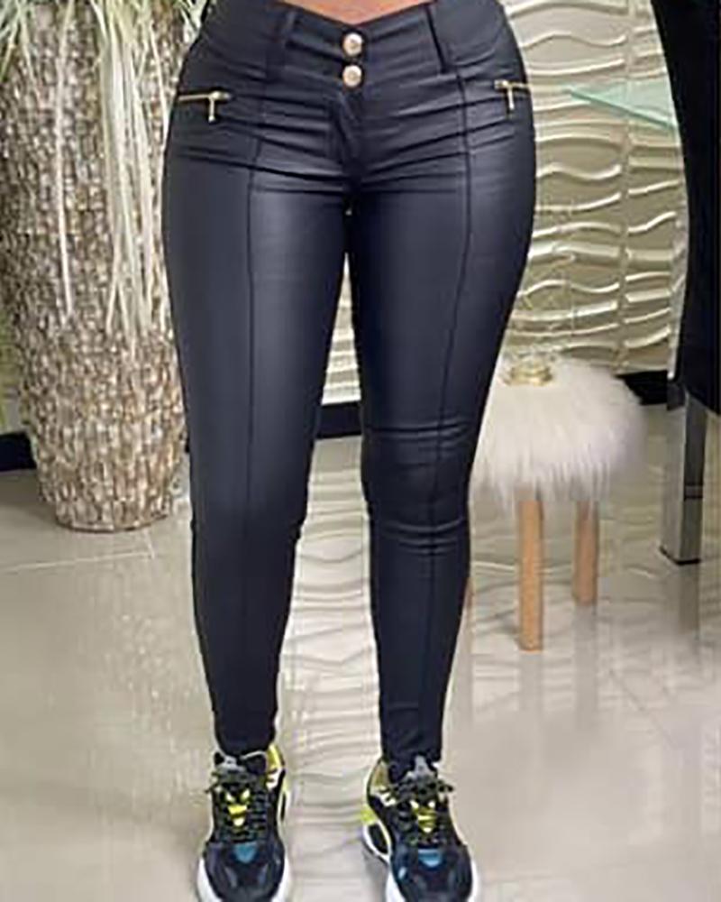 pu leather zipper pocket button design skinny pants