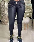 pu leather zipper pocket button design skinny pants