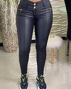 pu leather zipper pocket button design skinny pants