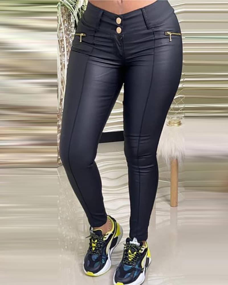 pu leather zipper pocket button design skinny pants