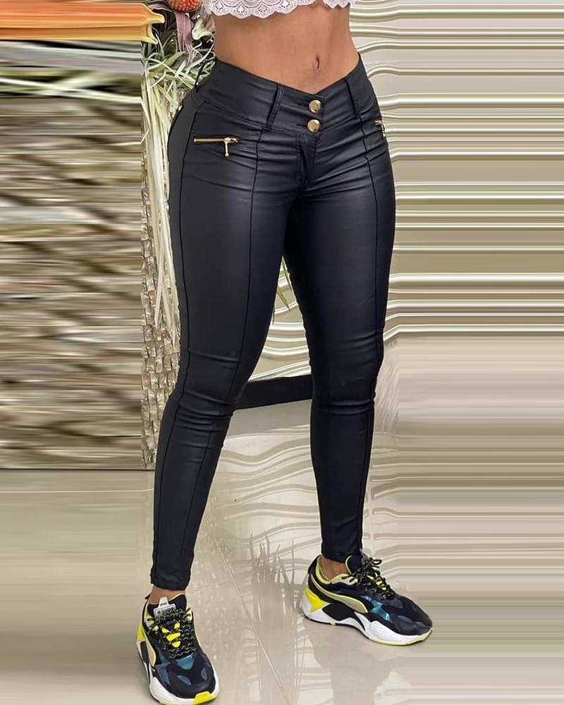 pu leather zipper pocket button design skinny pants