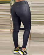 pu leather zipper pocket button design skinny pants