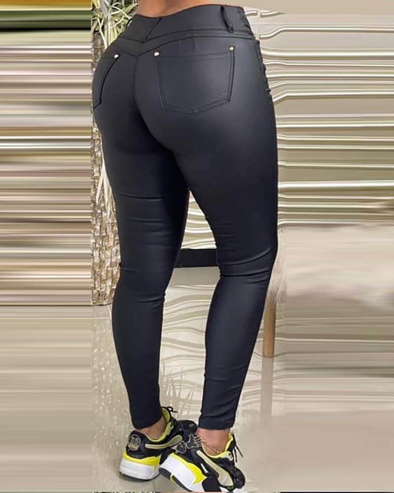 pu leather zipper pocket button design skinny pants