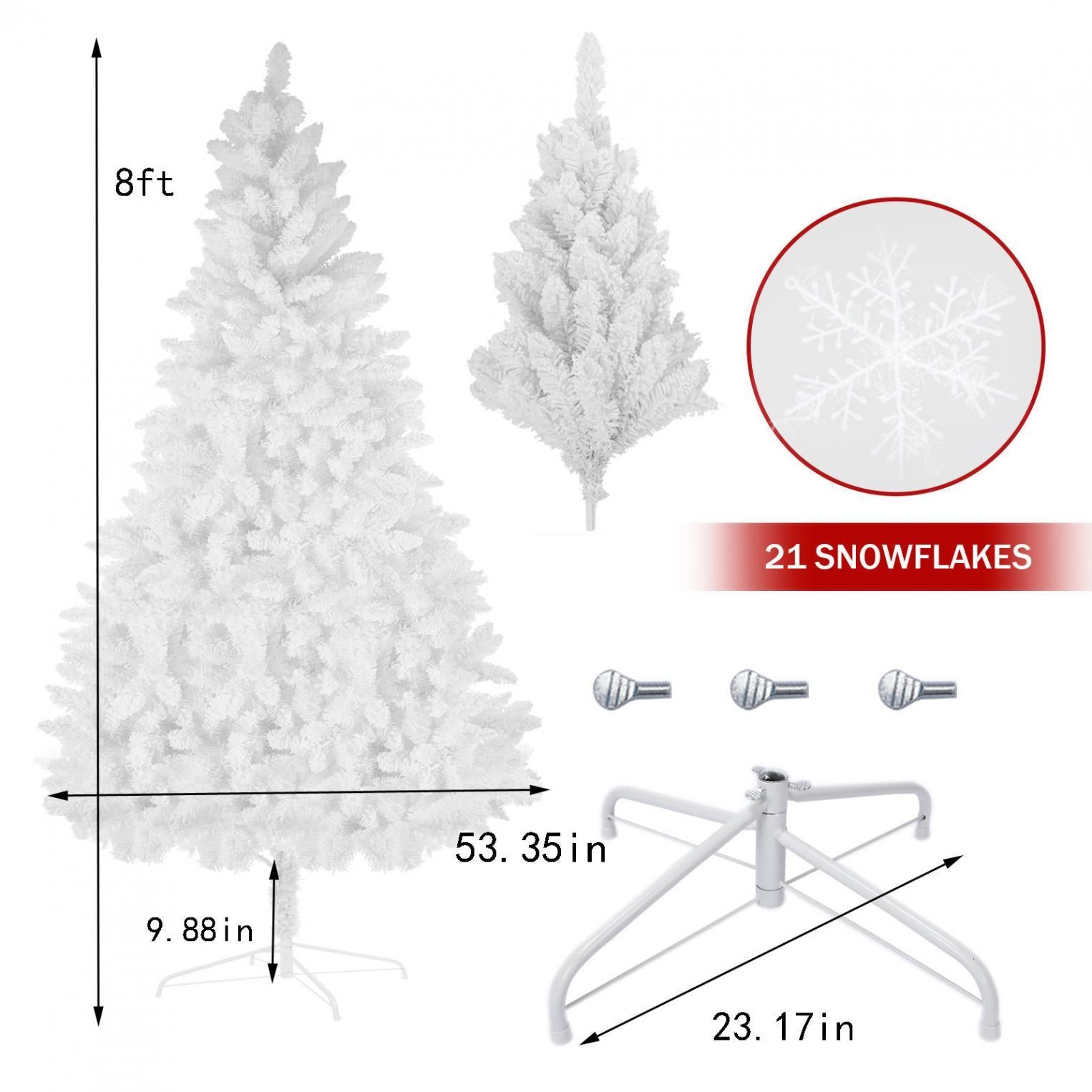 8ft White Artificial Christmas Tree, Premium Unlit Spruce Full Tree, with Metal Stand, Easy Assembly, for Indoor and Outdoor Use