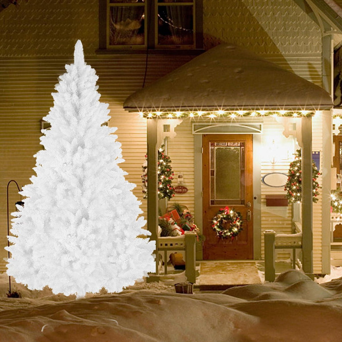 8ft White Artificial Christmas Tree, Premium Unlit Spruce Full Tree, with Metal Stand, Easy Assembly, for Indoor and Outdoor Use