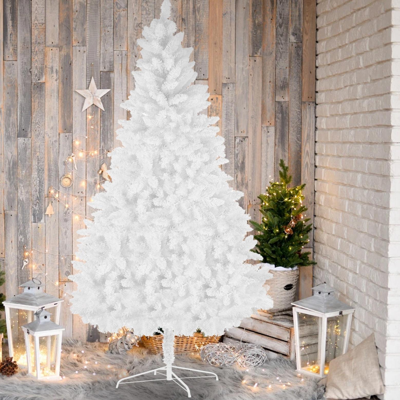 8ft White Artificial Christmas Tree, Premium Unlit Spruce Full Tree, with Metal Stand, Easy Assembly, for Indoor and Outdoor Use