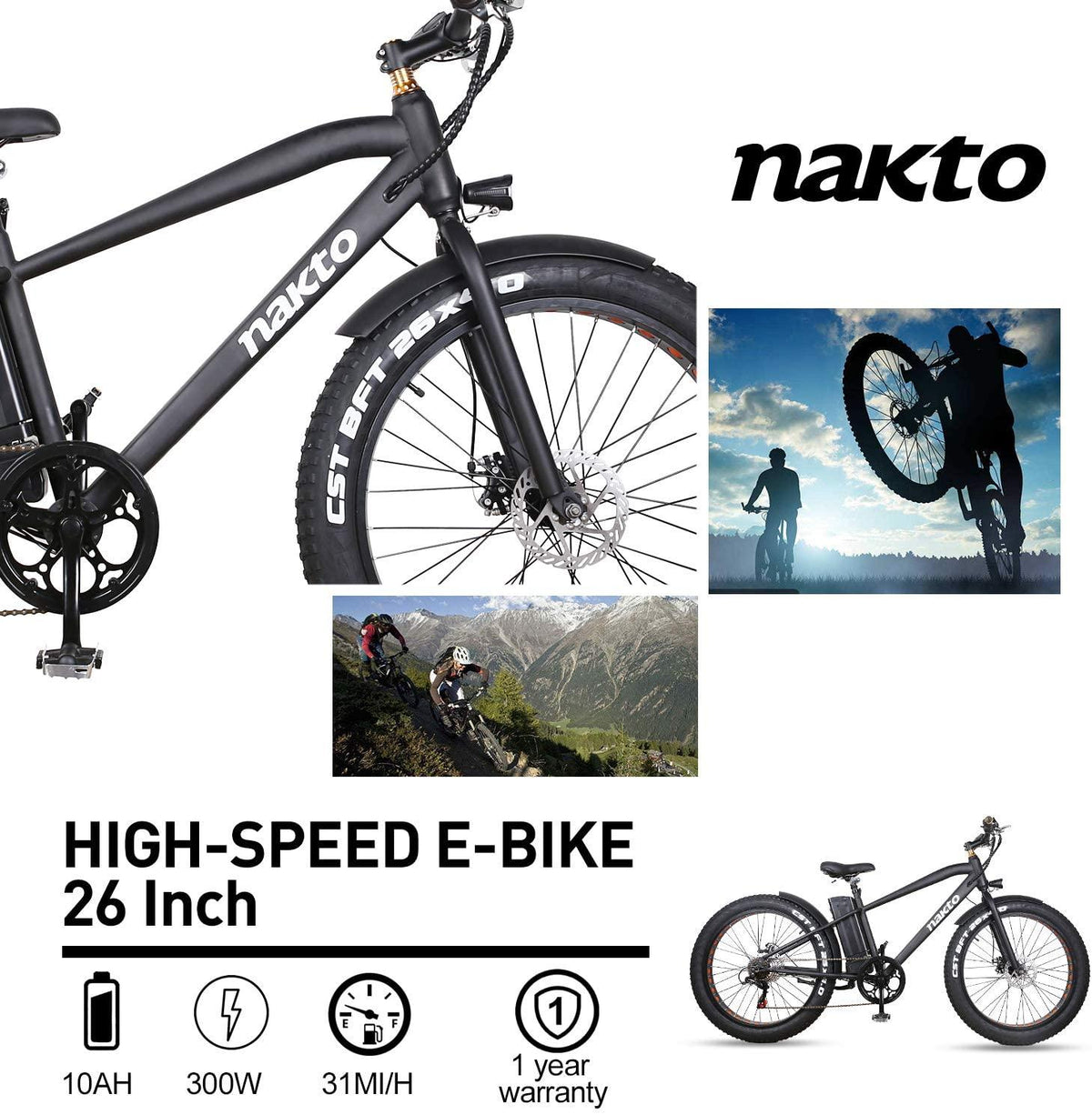 Fat Tire Electric Bike Beach Snow Bicycle 26" 4.0 inch Fat Tire Electric Bicycle 300W36V10A/500W48V12A Electric Mountain ebike for Adults with 6 Speeds Lithium Battery,Smart LCD Display