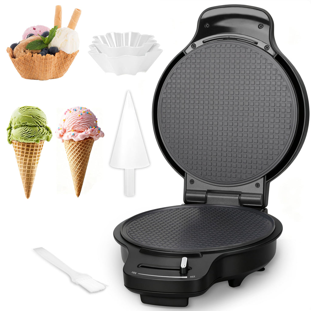 Waffle Cone Maker Machine with Browning Control, 7.5” Ice Cream Cone Maker, Cone Roller & Bowl Press Included,Thin Waffle Maker Crispy, Nonstick Waffle Bowl Maker,Graphite