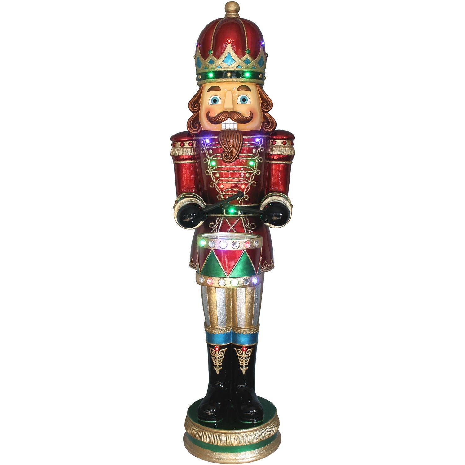 Fraser Hill Farm Indoor/Outdoor Oversized Christmas Decor, 5-Ft. Nutcracker Playing Snare Drum w/Moving Hands, Music, Timer, and 20 LED Lights