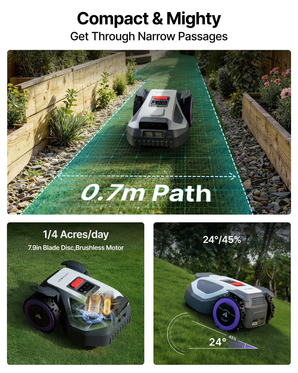 M9 Robot Lawn Mower 1/4 Acre, Dual Vision+Full-Band RTK Robotic Lawnmower, No Perimeter Wire, App Control Obstacle Avoidance, 45% Slope, Cutting Height, Multi-Zone Mapping